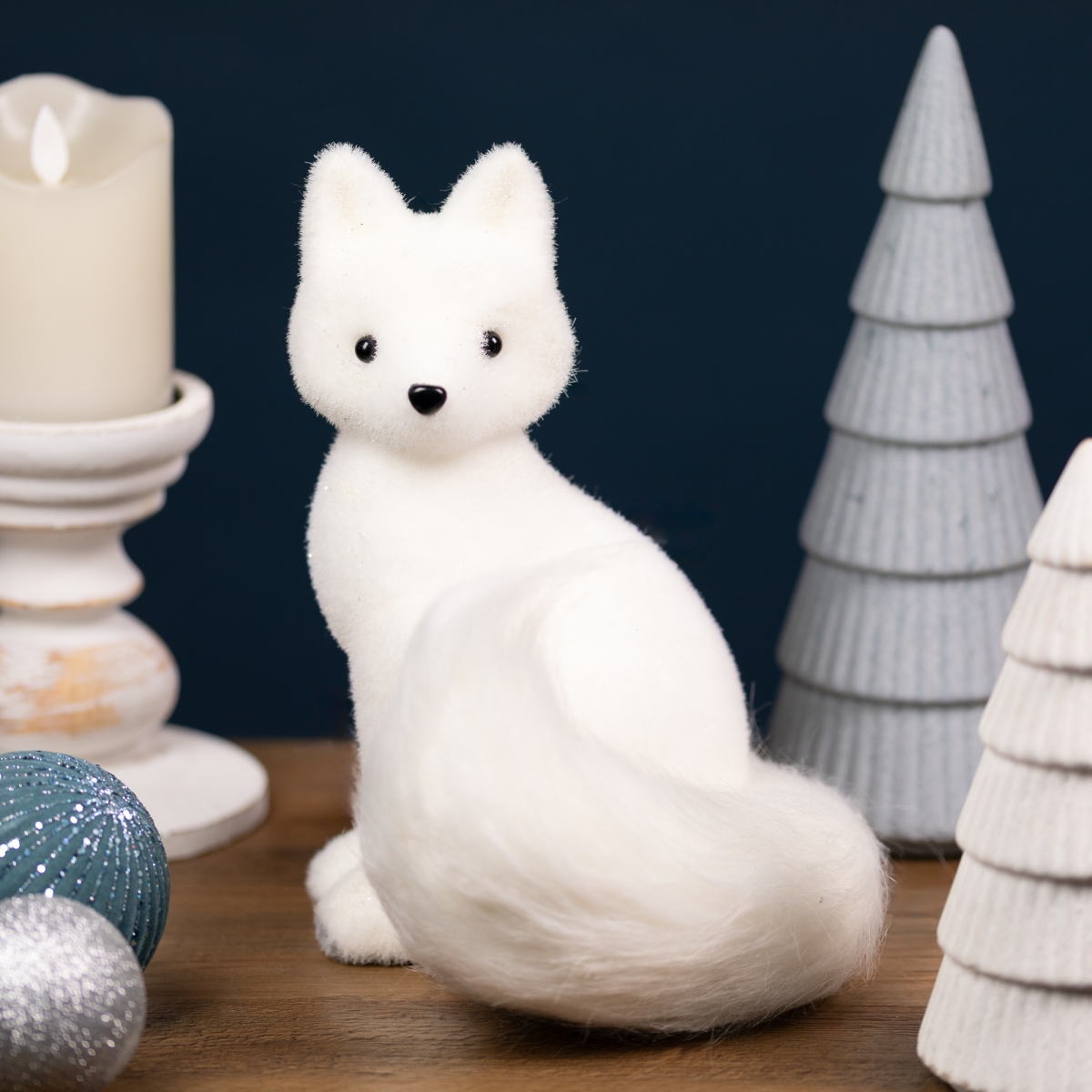 35849176 Glittered Sitting Arctic Fox Christmas Figure - 9.5 in. - White