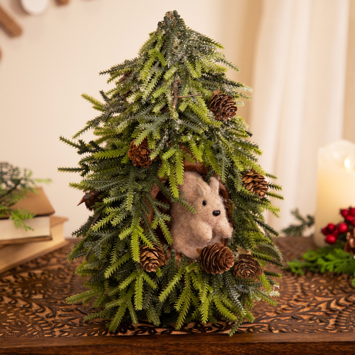 35849167 Frosted Tree with Squirrel & Pinecones Christmas Decoration - 12 in. - Green