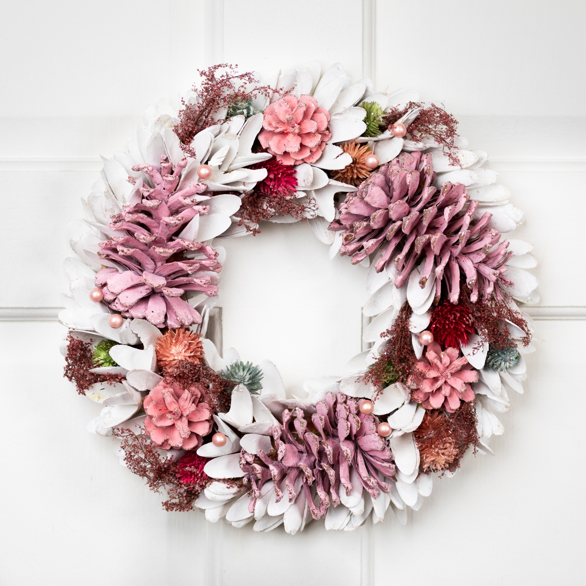 35849163 Unlit Frosted Thistle & Pinecone Artificial Christmas Wreath - 14 in. - White