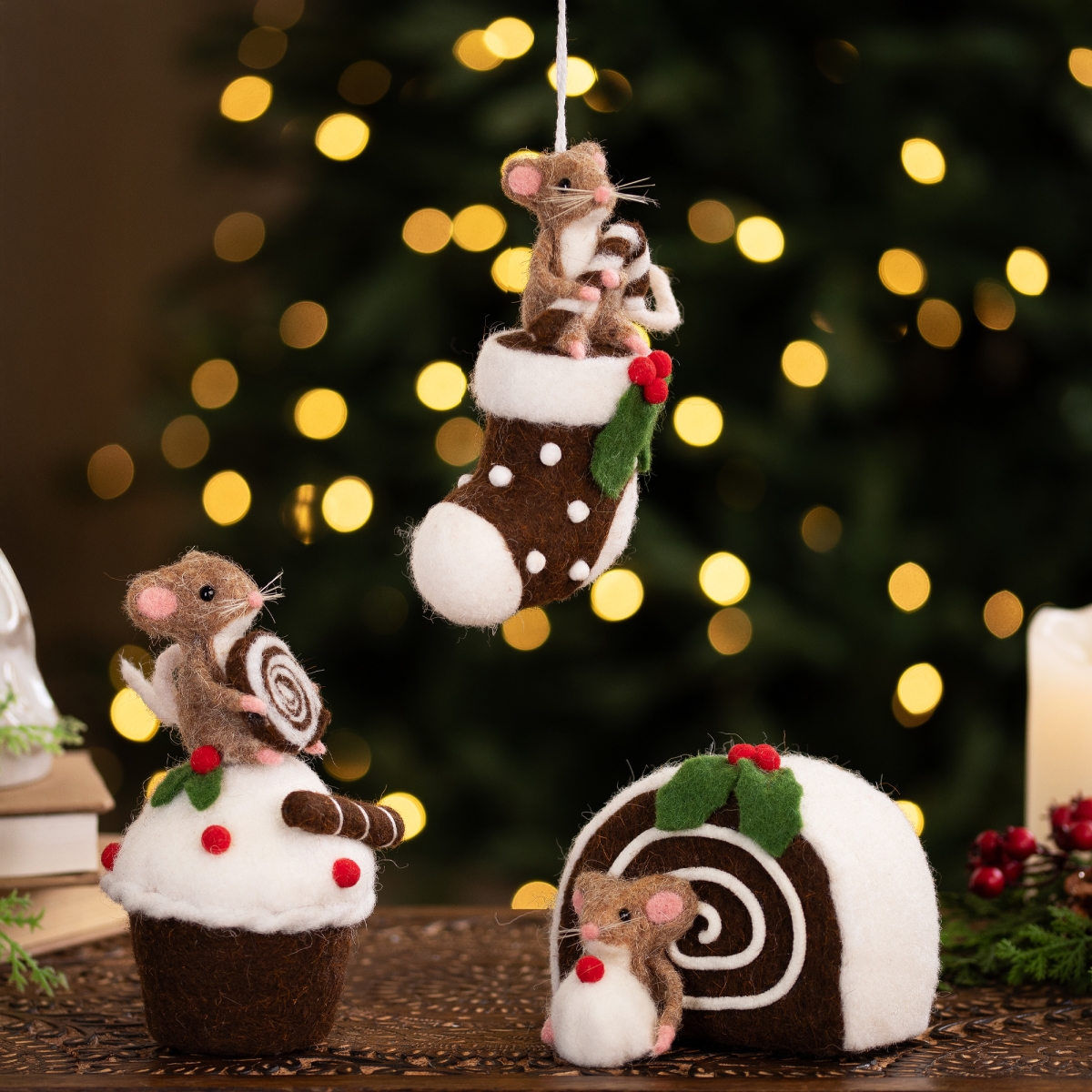 35849148 Mice with Cake & Candies Christmas Decorations - 7 in. - Brown & White - Set of 3