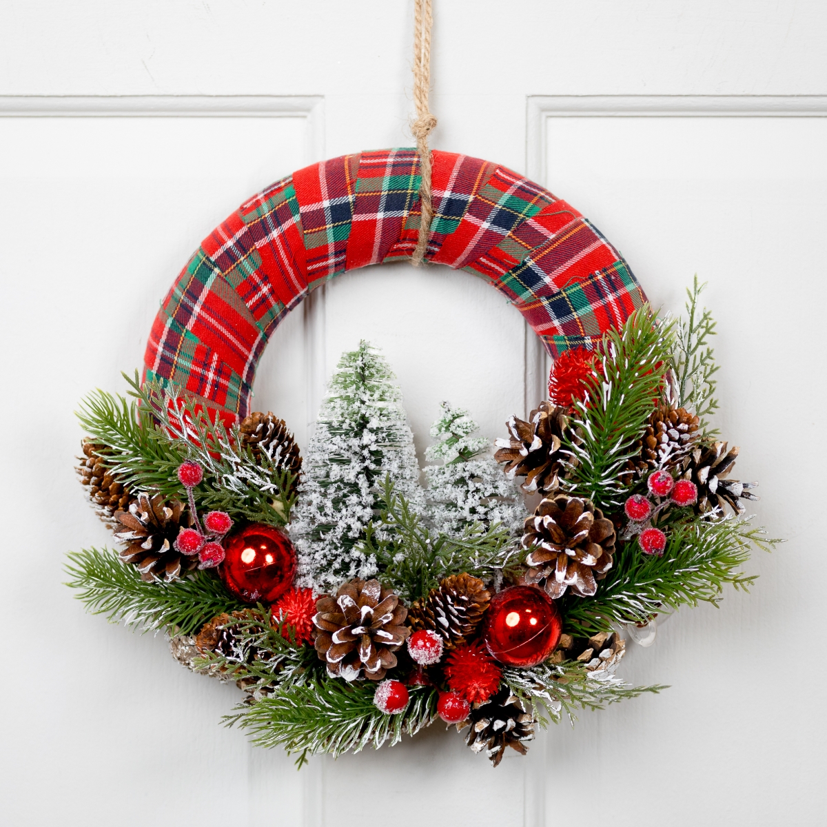 35849161 Unlit Frosted Trees & Pinecone Plaid Artificial Christmas Wreath - 13.5 in. - Red