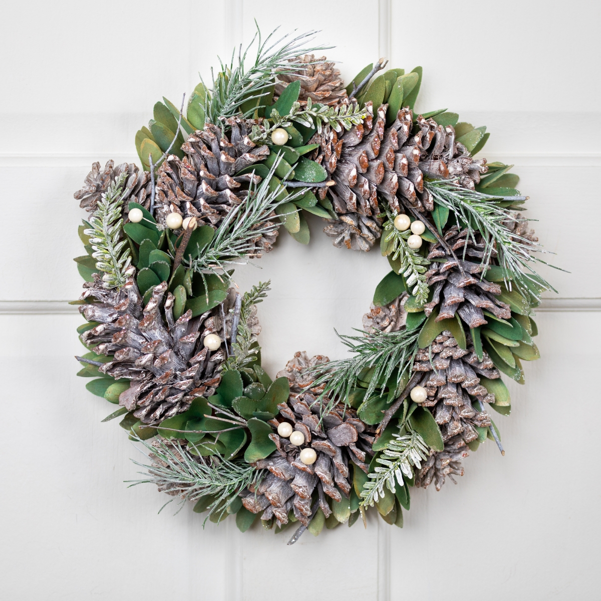 35849164 Unlit Frosted Pinecone & Wooden Petals Artificial Christmas Wreath - 14 in. - White