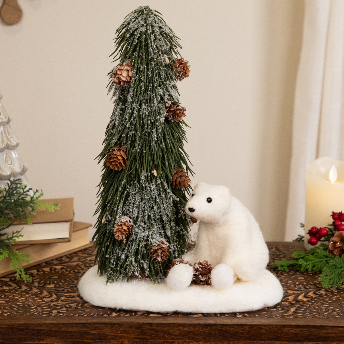 35849166 Frosted Tree & Polar Bear Christmas Decoration - 13 in. - White