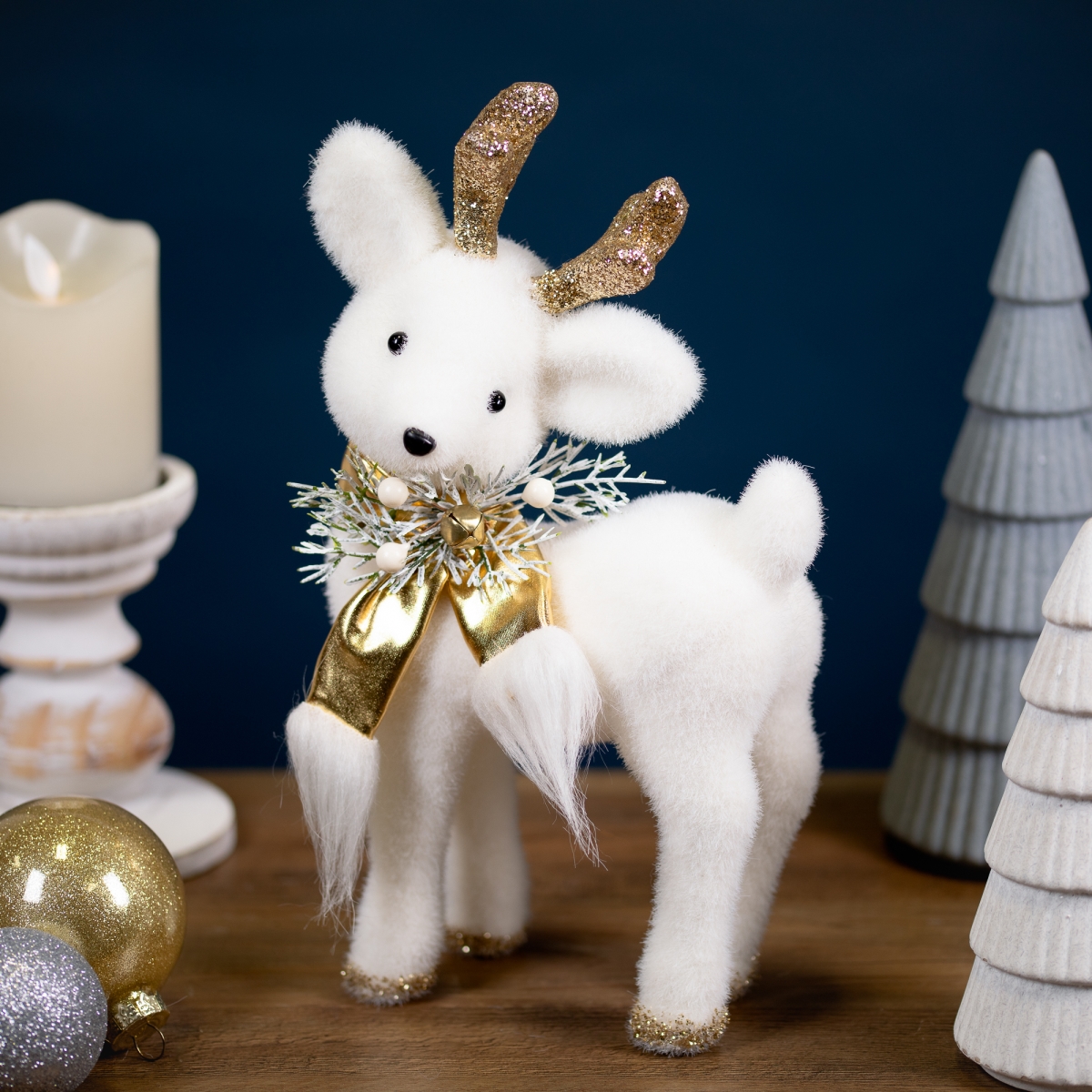 35849175 Glittered Standing Deer with Jingle Bell Christmas Figure - 12.25 in. - White & Gold