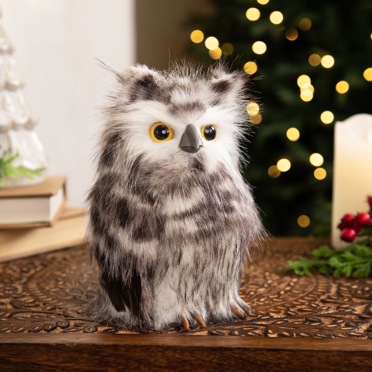 35849134 Standing Owl Christmas Figure - 7 in. - Ash Gray & White