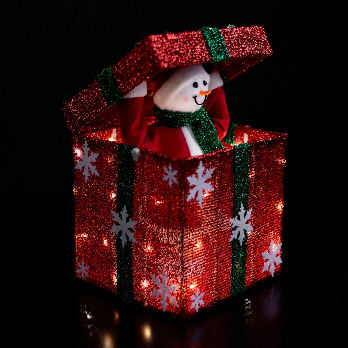 35847149 18 in. LED Lighted Animated & Musical Snowman Gift Box Christmas Decoration, Red