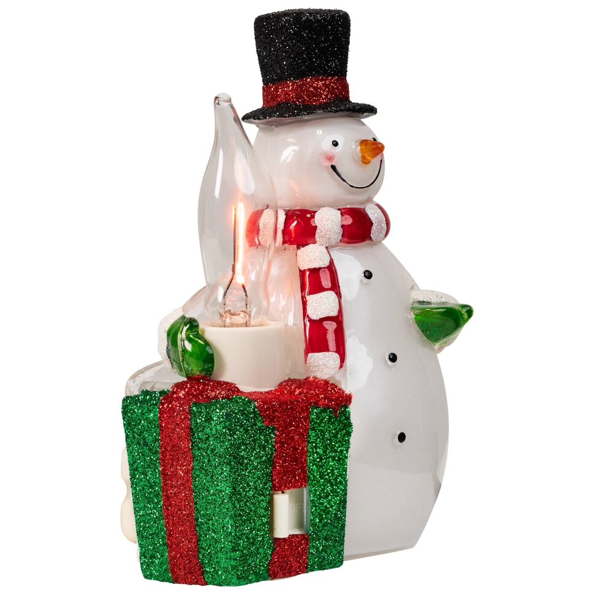 35846215 5 in. Glittered Snowman with Present Flickering Christmas Night Light, Multi Color