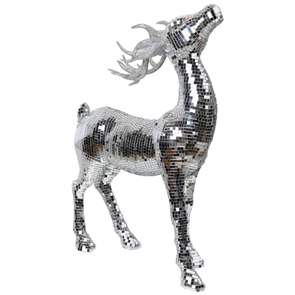 35849130 19 in. Mirrored & Glittered Standing Deer Christmas Figure, Silver