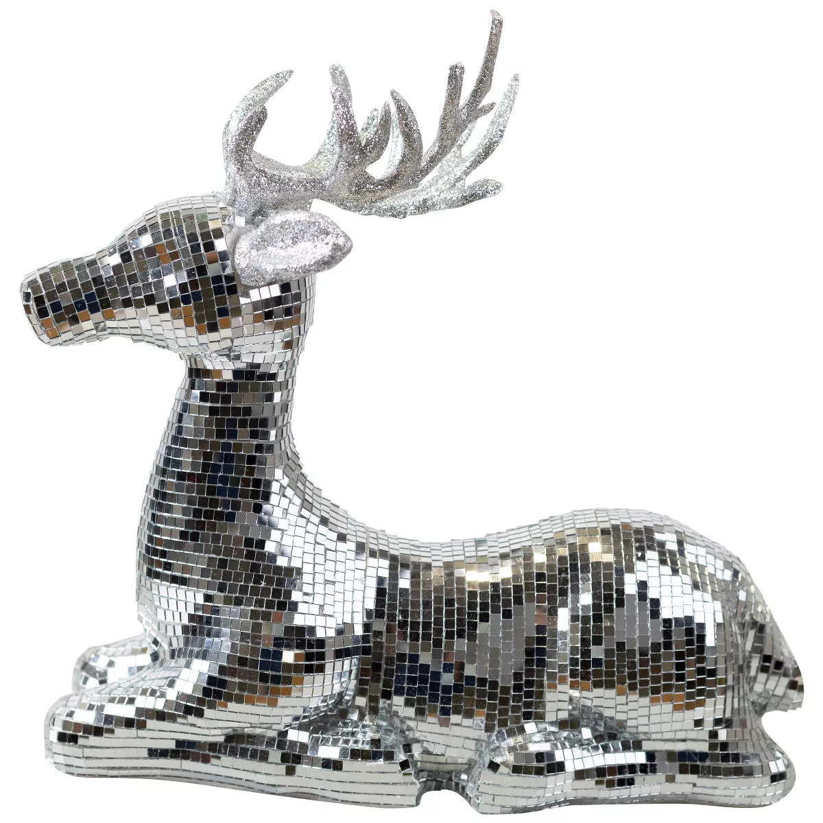 35849131 14.25 in. Mirrored & Glittered Sitting Deer Christmas Figure, Silver