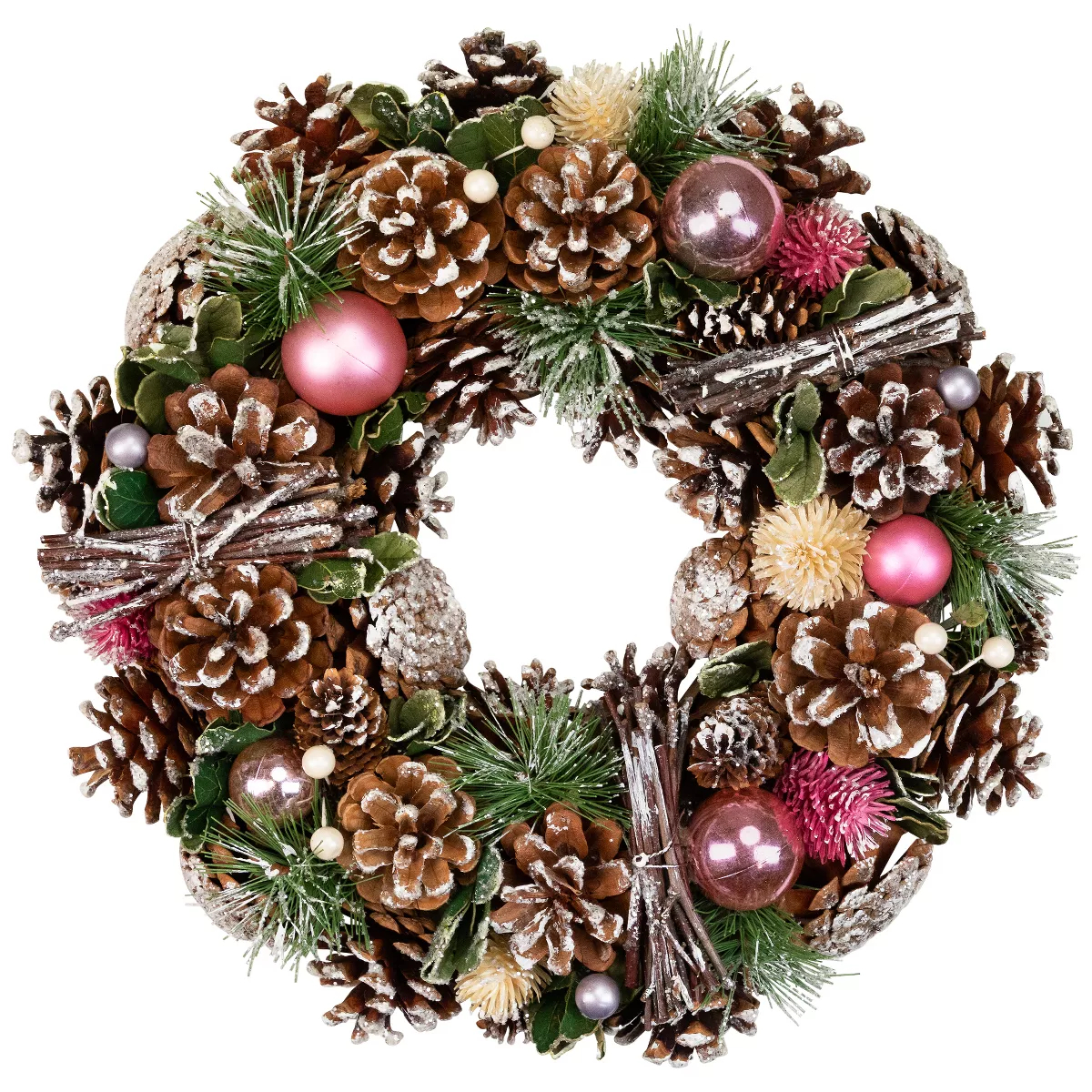 35849188 13.5 in. Pinecone Twig & Thistle Small Frosted Artificial Christmas Wreath with Unlit, Brown