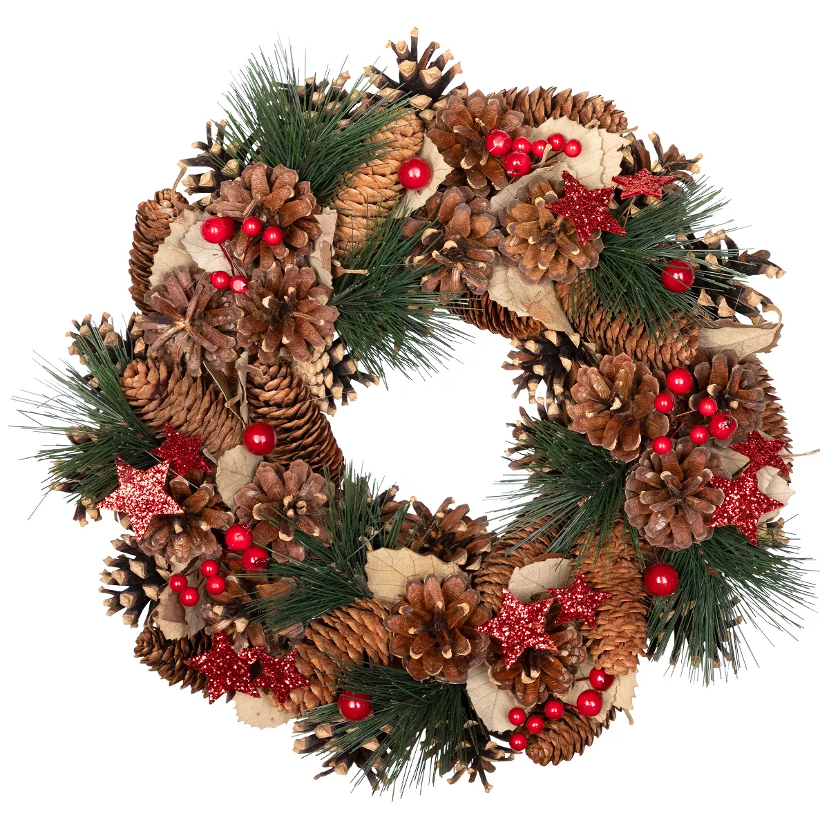 35849189 13.5 in. Pinecones & Glittered Stars Small Artificial Christmas Wreath with Unlit, Brown