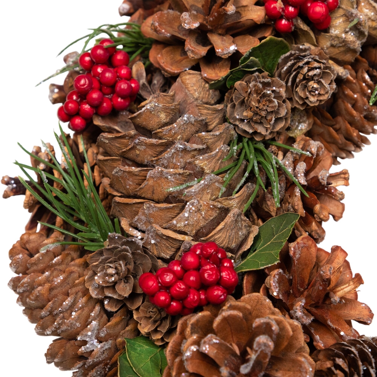 35849191 13 in. Frosted Pinecone & Red Berry Small Artificial Christmas Wreath with Unlit, Brown