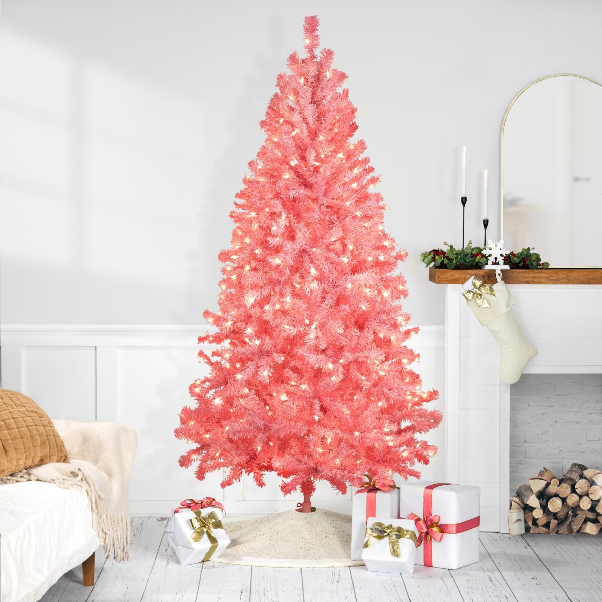 35848058 7.5 ft. Pre-Lit Medium Pink Pine Artificial Christmas Tree with Clear Lights, Pink