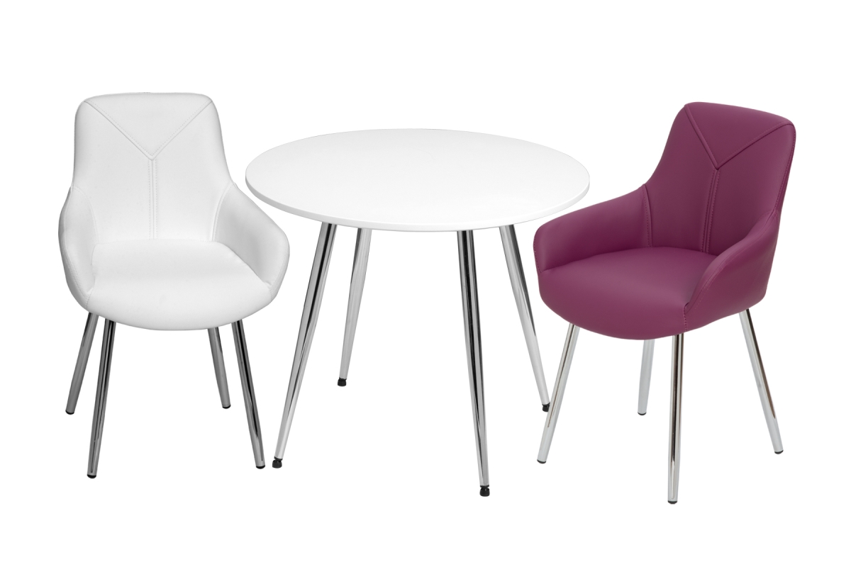 T3082PW Mid-Century Modern Round Kids White Table with White & Purple Arm Chairs