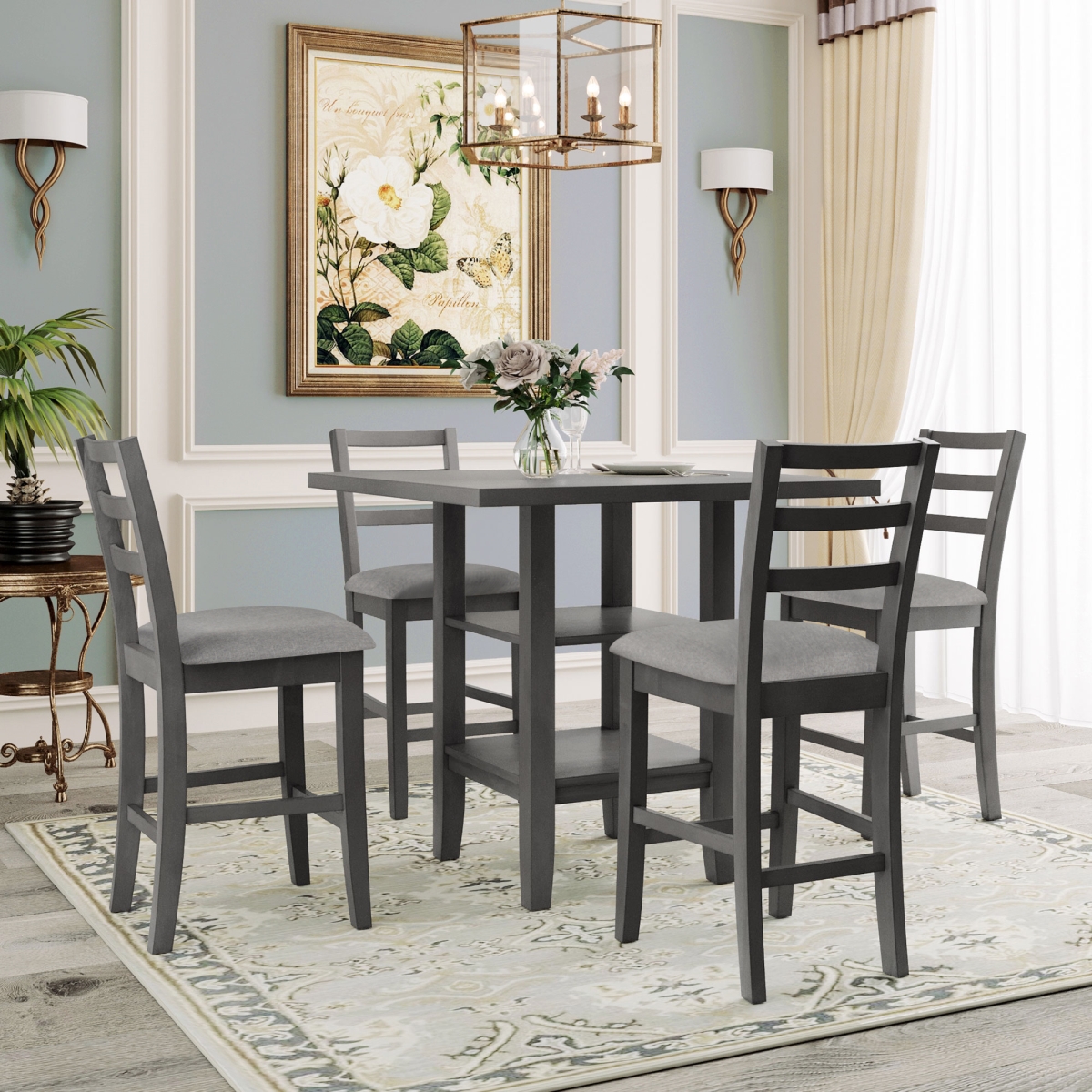 ComfyHaus Wooden Counter Height Dining Set with Padded Chairs & Storage Shelving  Gray - 5 Piece -  TREXM, ST000034AAE