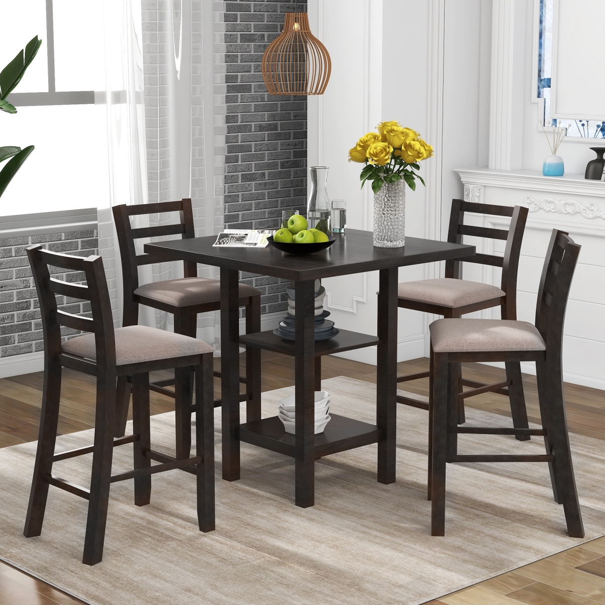 ComfyHaus Wooden Counter Height Dining Set with Padded Chairs & Storage Shelving  Espresso - 5 Piece -  FixturesFirst, FI3495424