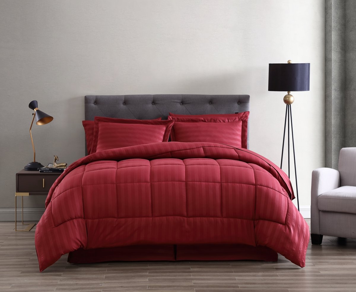 Maple Dobby Stripe Bed in A Bag Comforter Set, Burgundy - King Size - 8 Piece -  KD Trabajo del gobierno, KD2977769