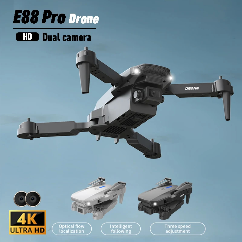 NM58502 E88 Pro Drone 4K Professional HD 4K RC Airplane Dual-Camera Wide-Angle Head Remote Quadcopter Airplane Toy Helicopter Boy Toy - Black & White