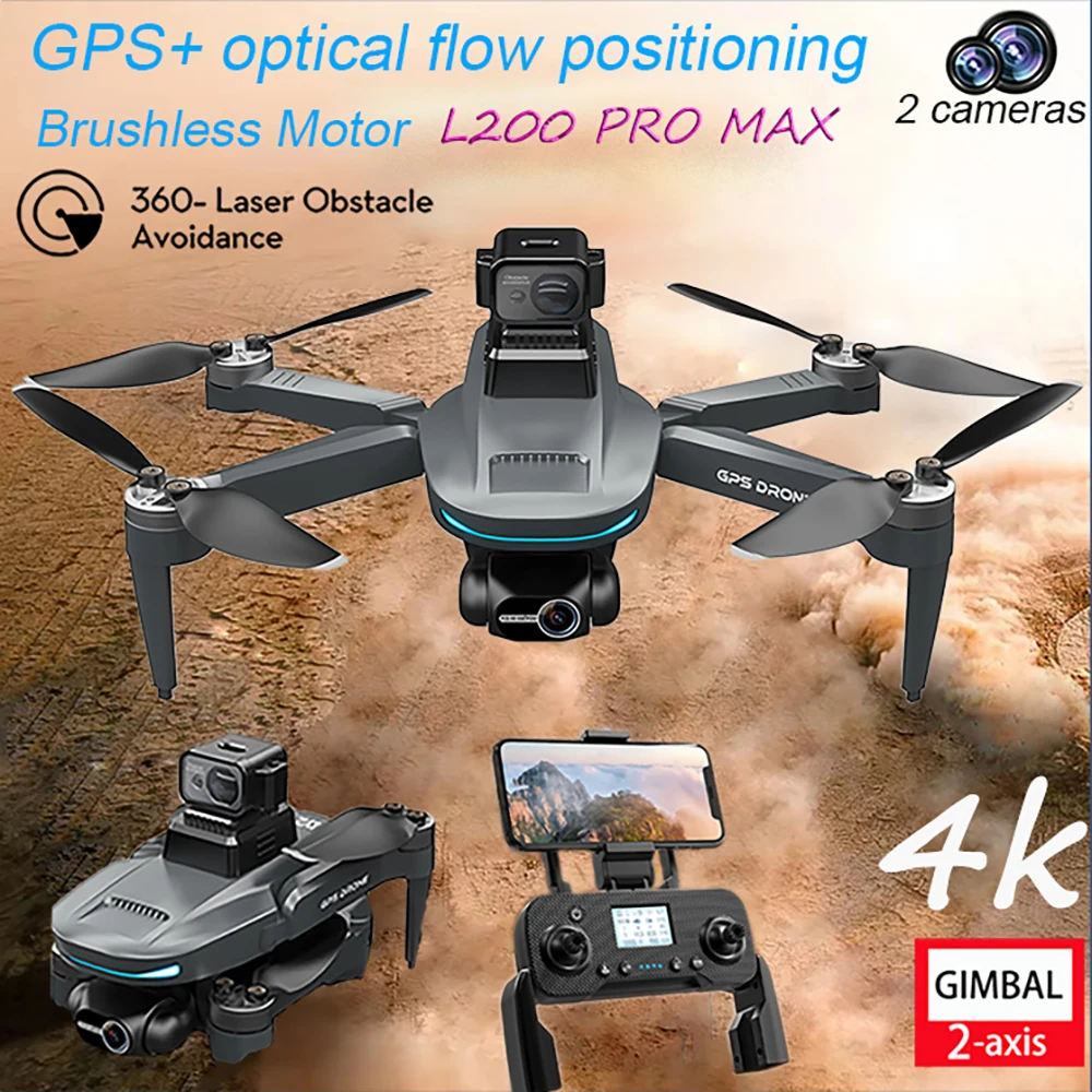 Pro Max Drone 4K 2-axis PTZ Dual HD Camera 360 Deg Laser Obstacle Avoidance GPS 5G Wi-Fi RC FPV Brushless Motor Quadcopter Toys - Silver & Gray