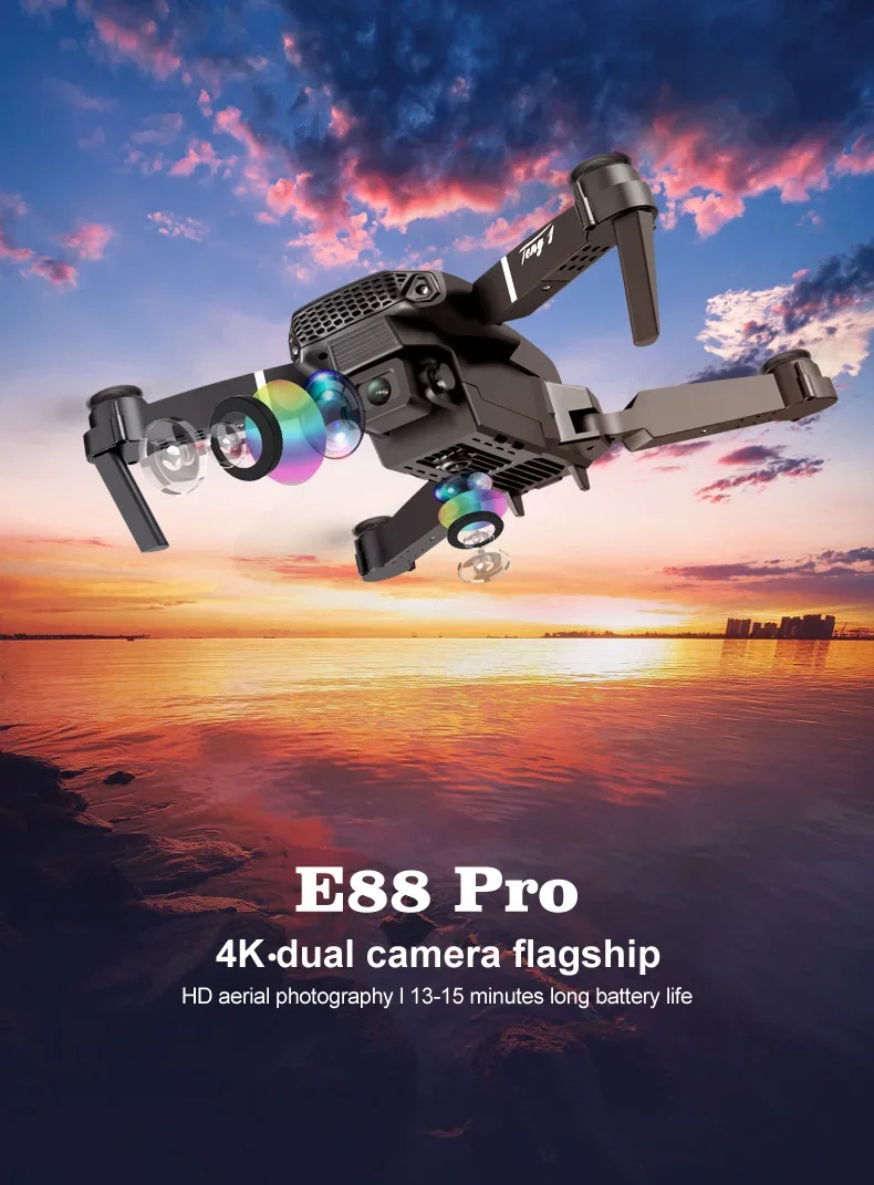 NM58434 E88 Pro Drone 4K Professional HD 4K RC Airplane Dual-Camera Wide-Angle Head Remote Quadcopter Airplane Toy Helicopter - Black & White
