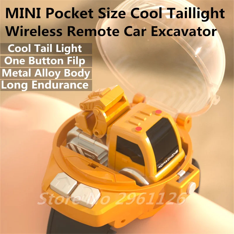 NM58651 Pocket Size Wrist Watch RC Car 2.4G Long Endurance Engineer Material Cool Taillight Wireless Remote Car Excavator Kids Toy