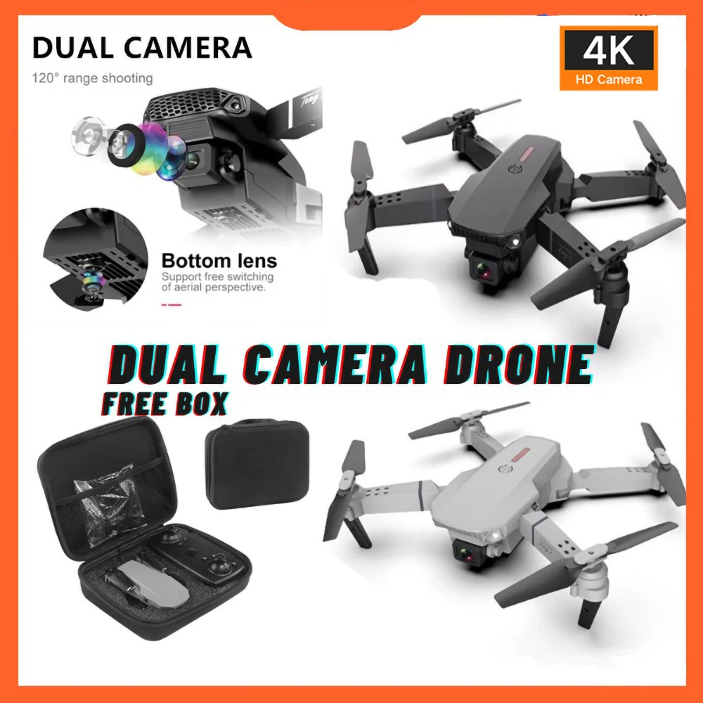 E88S-E99S 8K Dual Camera Drone 360 Deg Obstacle Avoidance Brushless Aerial Vehicle FPV Optical Stream Helicopter RC Kids Toys - Black & Orange