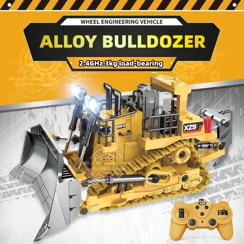 NM58880 Controlled Alloy Bulldozer 9CH with Light 1-24 2.4G Truck Crawler Rubber Track Radio RC Engineering Car Toy Kid Gift - Yellow & Black