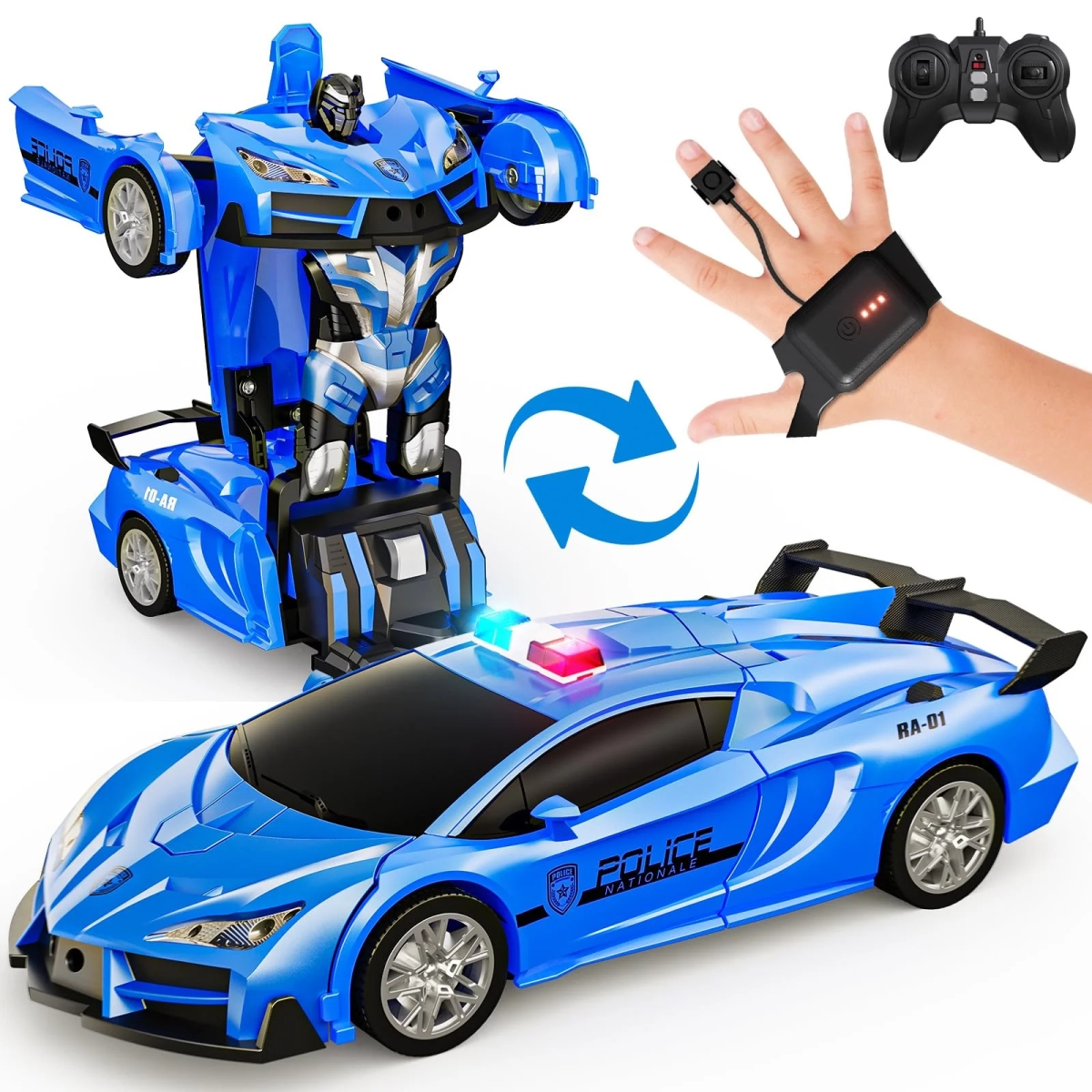 NM58965 Remote Control Police Car Toy Gesture Sensing with LED Light 2.4GHz One Button Transformation Robot RC Cars for Kids