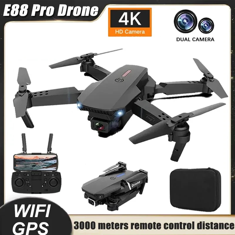 NM59389 E88Pro RC Drone 4K Professional with Wide Angle Dual HD Camera Obstacle Avoidance Foldable Helicopter Wi-Fi FPV Remote Toys - Black & White