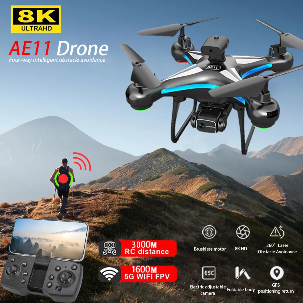 NM59992 AE11 8K Brushless Professional Drone Optical Flow Obstacle Avoidance Helicopter Quadcopter Aerial Camera RC Childrens Toy - Black & Red