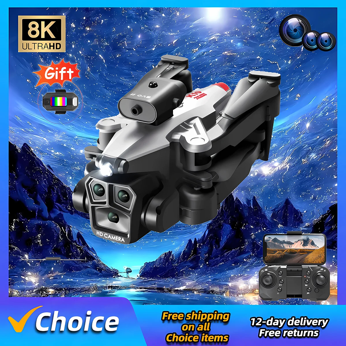 NM59757 K10Max Mini UAV 4K Professional Three-camera Wide-angle Optical Flow Positioning Four-way Obstacle Avoidance RC Quadcopter - Multi Color