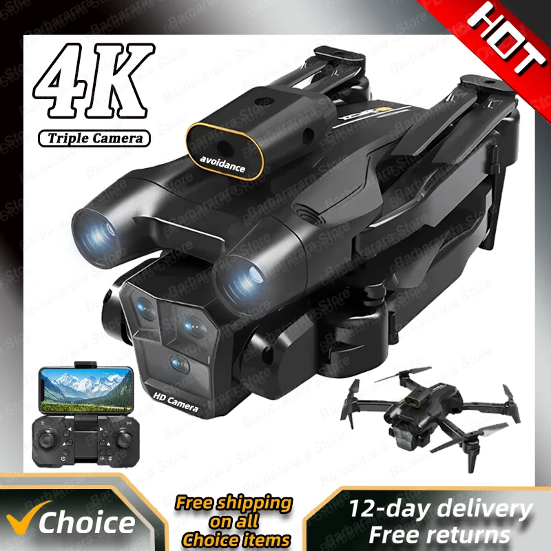 NM59765 M4 Drone HD 4K Professional 5G Triple Camera Wi-Fi with Wide Angle Foldable RC Helicopter Wi-Fi FPV Height Hold Apron