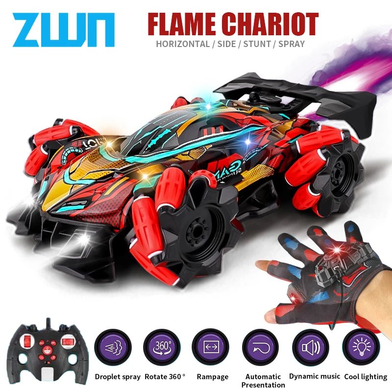 NM59828 F2 RC Drift Car with Music LED Lights 2.4G Glove Gesture Radio Remote Control Spray Stunt Cars 4WD Electric Children Toys - Red & Purple
