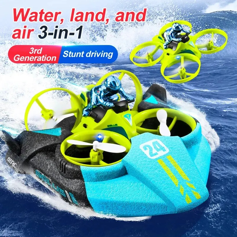 NM59891 Mini Drone Altitude Hold Headless Mode 3 in 1 Sea Land Air Flight 2.4G 6-Axis Quadcopter Boat RC Helicopter for Kid - Green & Blue