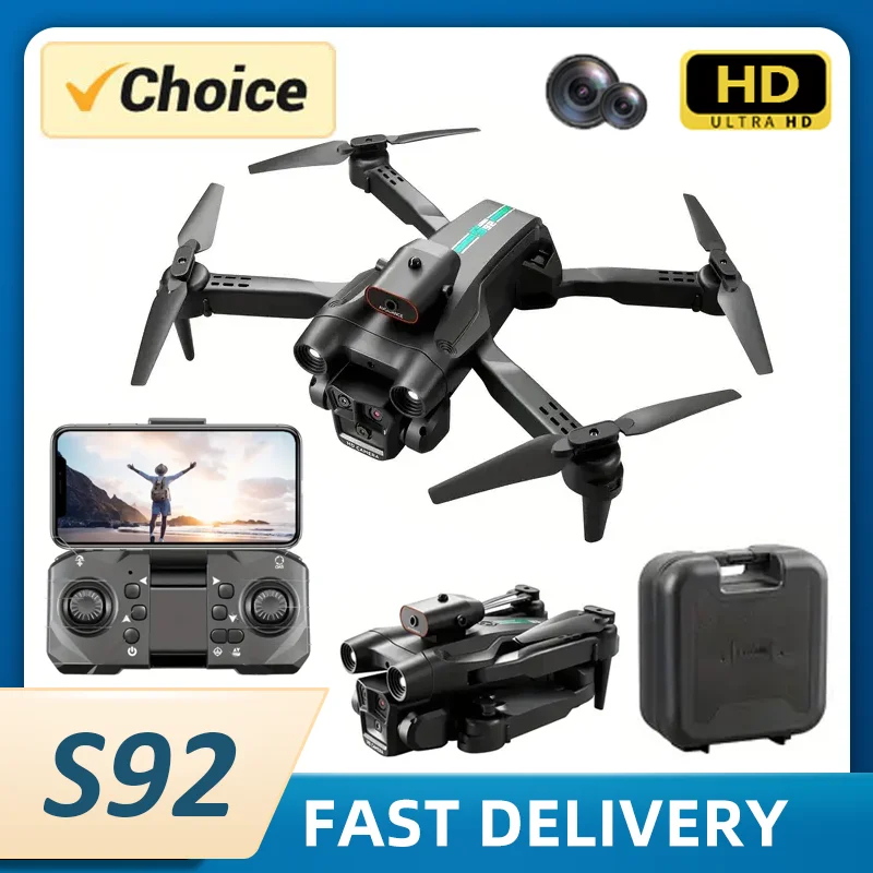 NM59988 S92 Drone Triple Camera HD1080P Obstacle Avoidance Brush Motor Quadcopter Optical Flow Wi-Fi FPV RC Helicopters Toys Gifts - Black & Gray