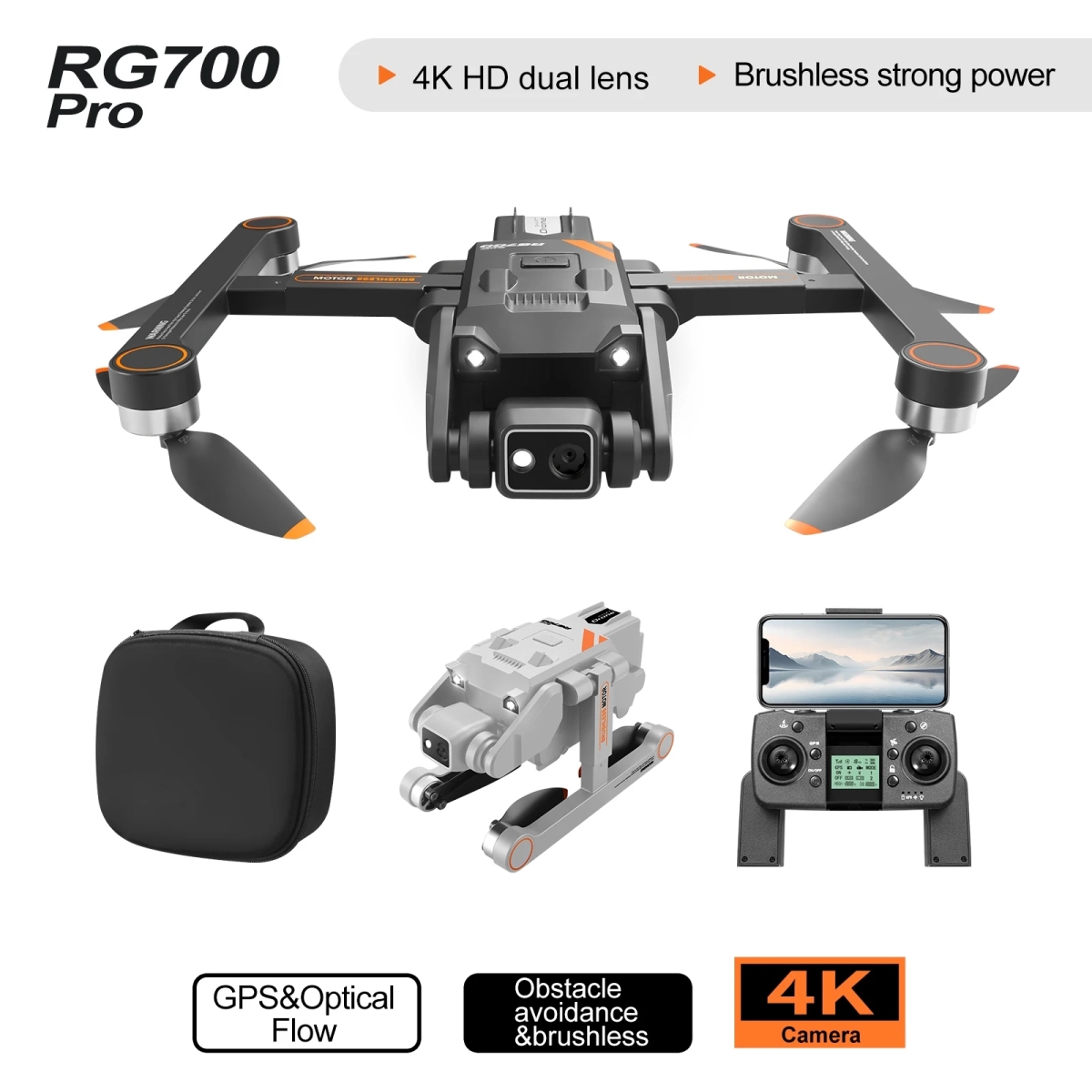 NM61076 Brushless RC Drone Helicopter Obstacle Avoidance 4K Dual Camera 5G Wi-Fi GPS Drones Remote Control Quadcopter Toys Gift - Black