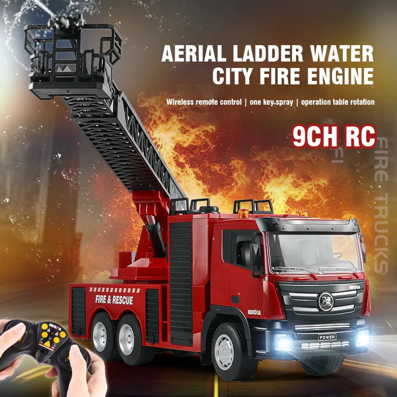 NM61351 Huina RC Simulation Fire Truck Sprinkler Ladder Truck Lighting Alloy 9 Channel Engineering Remote Control Vehicle Kids Toys - Red