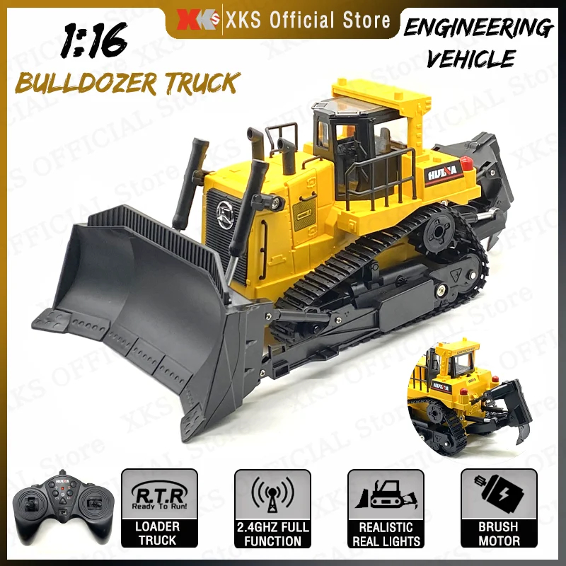 NM62518 1 by 16 RC Truck 11 Channel 2.4G Remote Control Bulldozer Truck Track LED Light Engineering Vehicle RC Car Toy Gift for Boys - Yellow