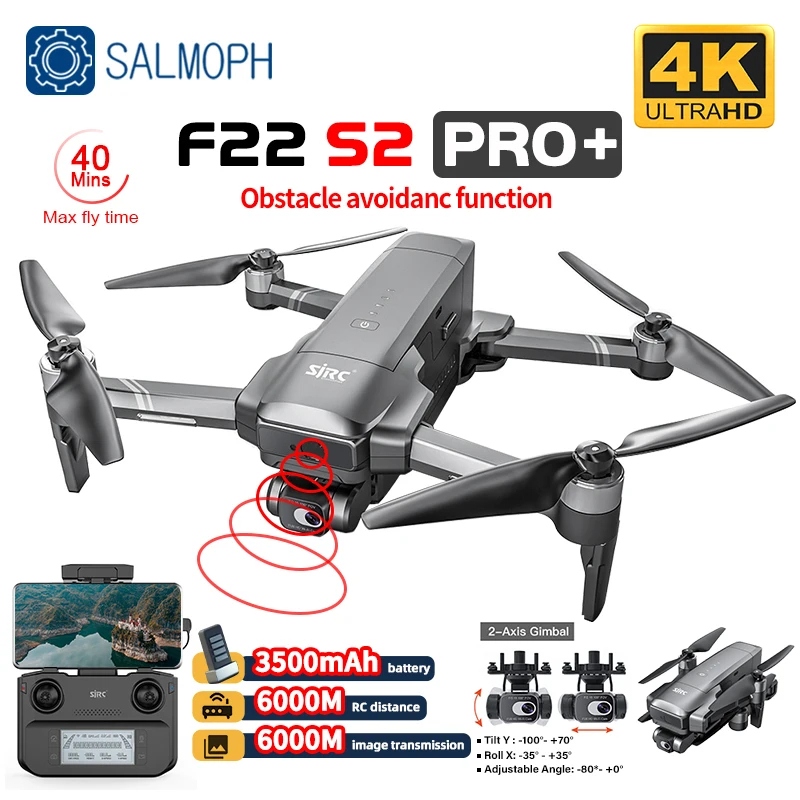 F22 S2 Pro Plus Professional Drone with 4K EIS Camera 6KM FPV Obstacle Avoidance GPS Quadcopter Vs KF101 3-Axis Gimbal RC Drone - Silver & Gray