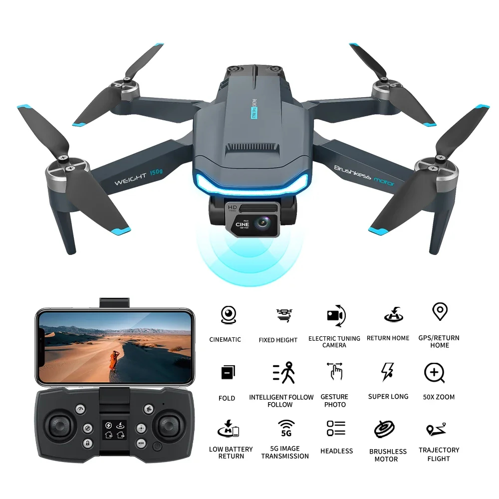 NM61816 Drone GPS Positioning 4K Ultra Wide Angle Multi Battery Range Brushless Optical Flow Obstacle Avoidance Dual Camera - Gray & Blue