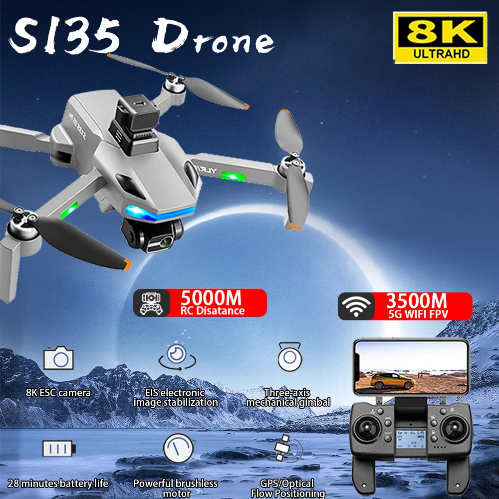 NM62248 GPS Professional Drone 8K Dual Camera Radar Obstacle Avoidance RC Plane 3-Axis Stabilized Gimbal Flyer Kids RC Toys - Black & Gray