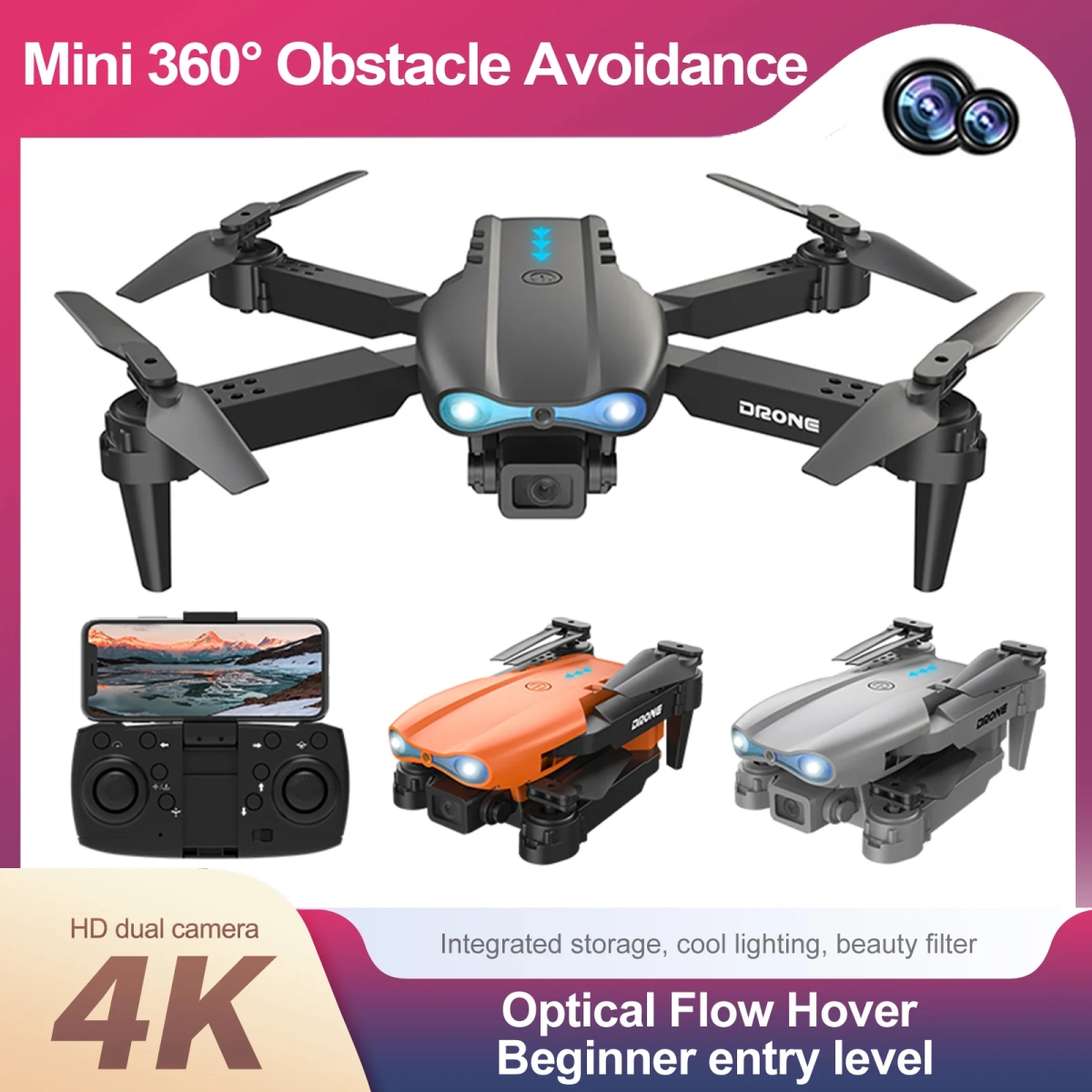NM58561 Optical Flow 4K Dual Lens Aerial Photography Four Axis Aircraft Fixed Height RC Aircraft Drone Toy - Black, Orange & Gray