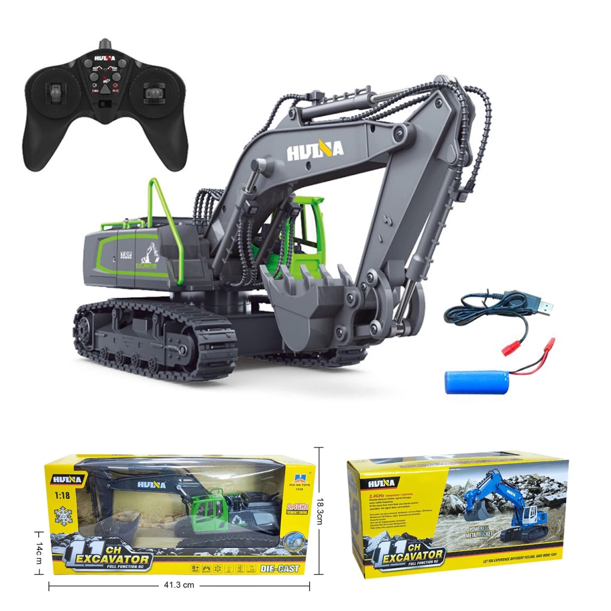 NM58664 1558 RC Excavator 1 by 18 11 Channel Rechargeable Remote Control Car Model Outdoor Toys for Kids - Gray