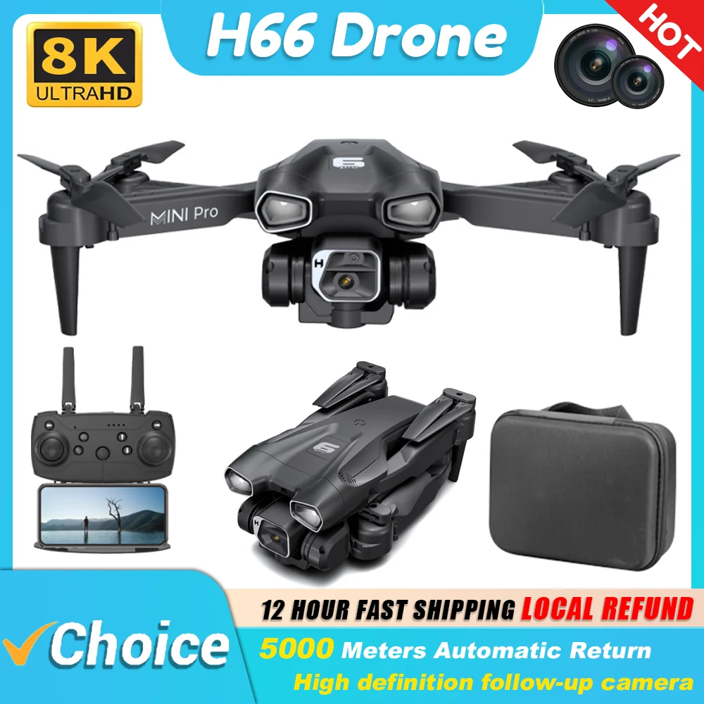 NM58882 H66 Mini Drone 4K Professional HD Dual Camera Optical Flow Air Pressure Fixed Height RC Drone Foldable Quadcopter Kids Toys