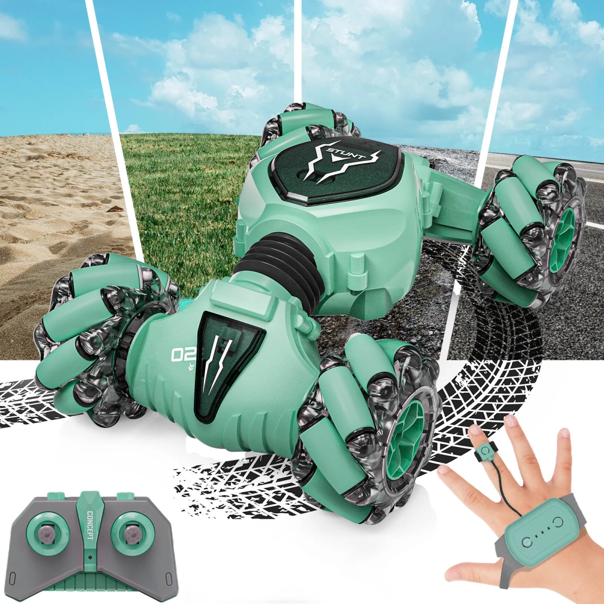 NM58787 2.4GHz 4WD Gesture Sensing Remote Control Stunt Car with Lights & 360 Deg Rotating Double Sided Hand Controlled RC Car