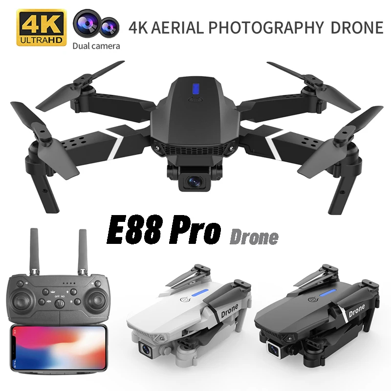 NM58587 E88 Pro RC Drone 4K Professional with 1080P Wide Angle Dual HD Camera Foldable RC Helicopter - Black & White