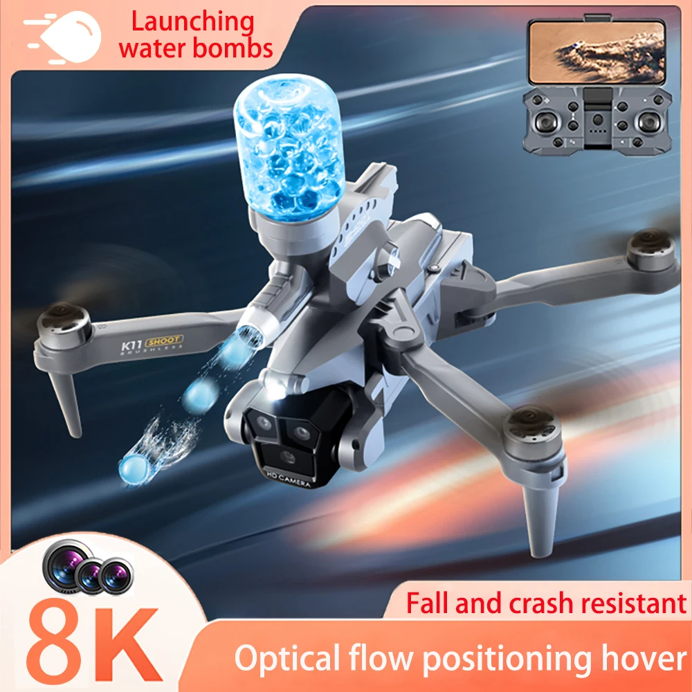 NM59700 K11MAX Drone Brushless Four-Axis Water Bomb Three-Camera Optical Flow Obstacle Avoidance Bombing Remote Control Machine Toys - Black & Gray