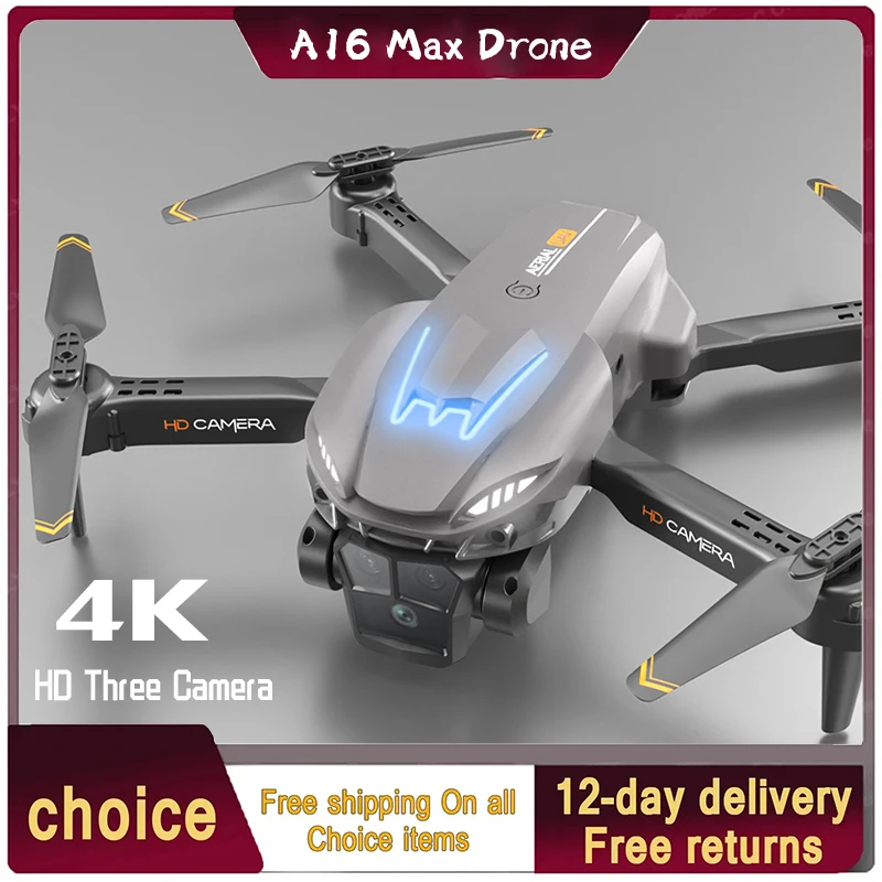 NM59777 A16Max RC Drone 4K Professional with 1080P Wide Angle HD Three Camera Foldable Helicopter - Black & Silver