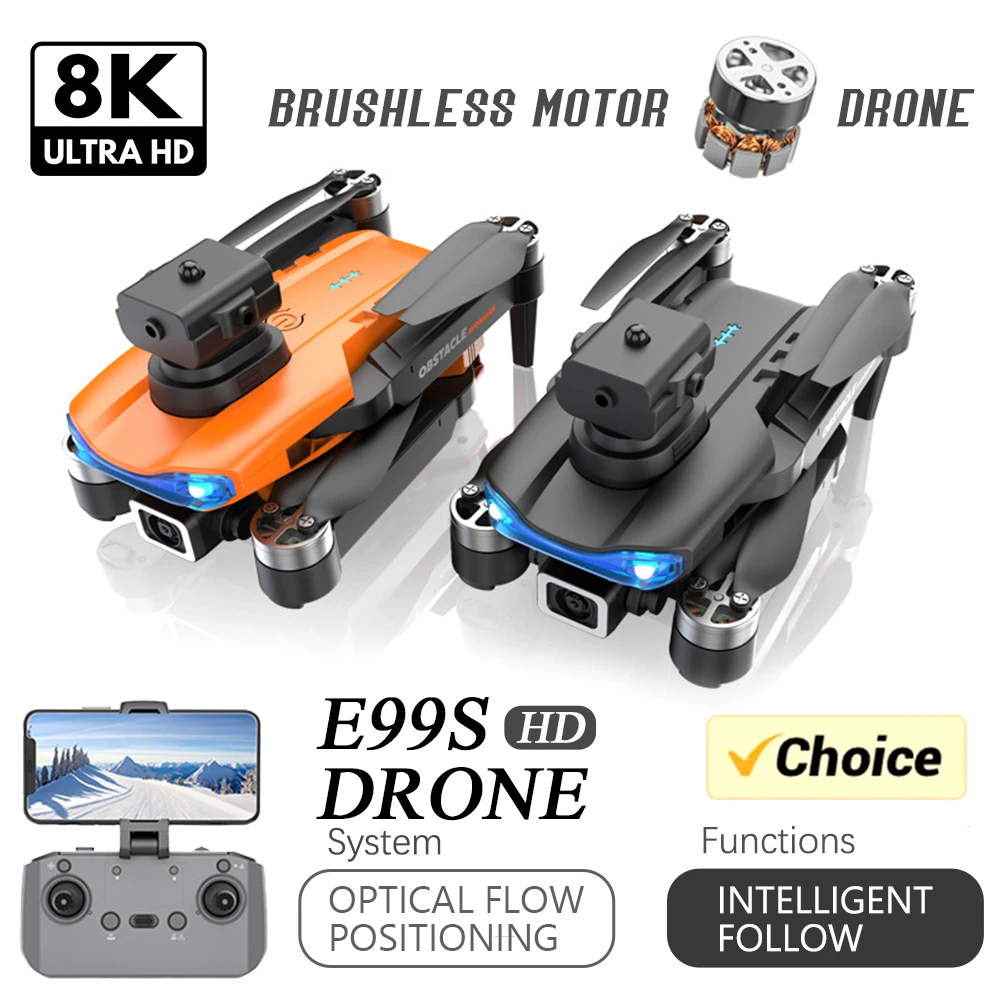 NM60104 E99S Drone 5G Wi-Fi FPV Brushless Motor 8K HD Dual Camera 360 Deg Laser Obstacle Avoidance RC Quadcopter Drone Toys Gift - Black & Orange
