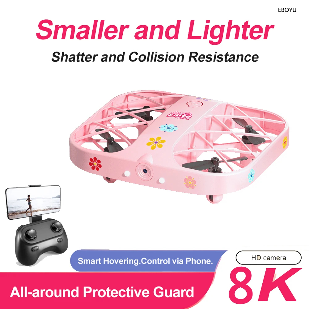 NM60239 H107B Mini RC Drone Wi-Fi FPV 4K & 8K HD Camera All-Around Protective Guard Altitude Hold Headless RC Quadcopter Plane Toy - Pink & purple